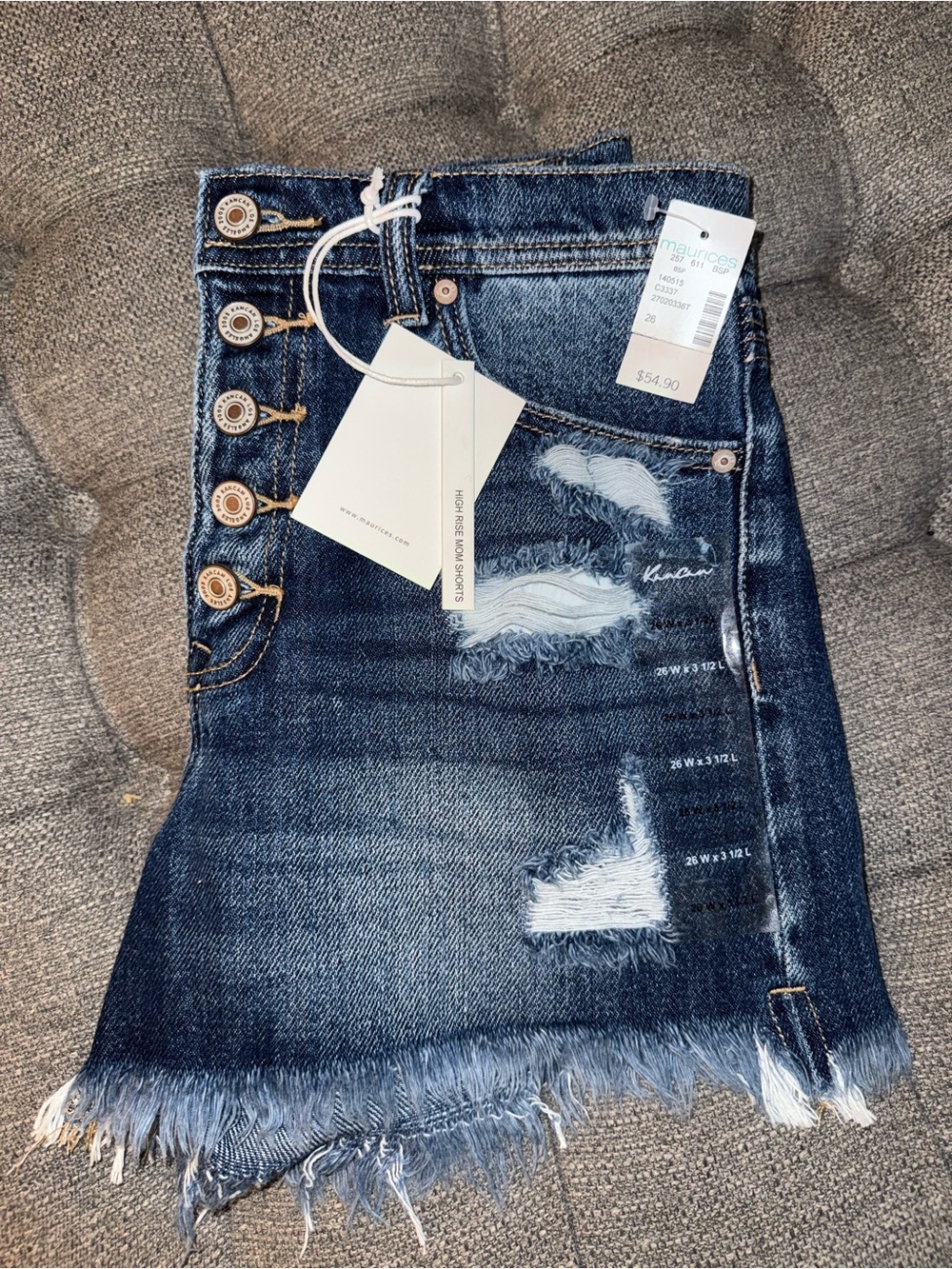 NWT KANCAN Button Fly High Rise Distressed Mom Cutoff Shorts 26 x 3 1/2” 140515